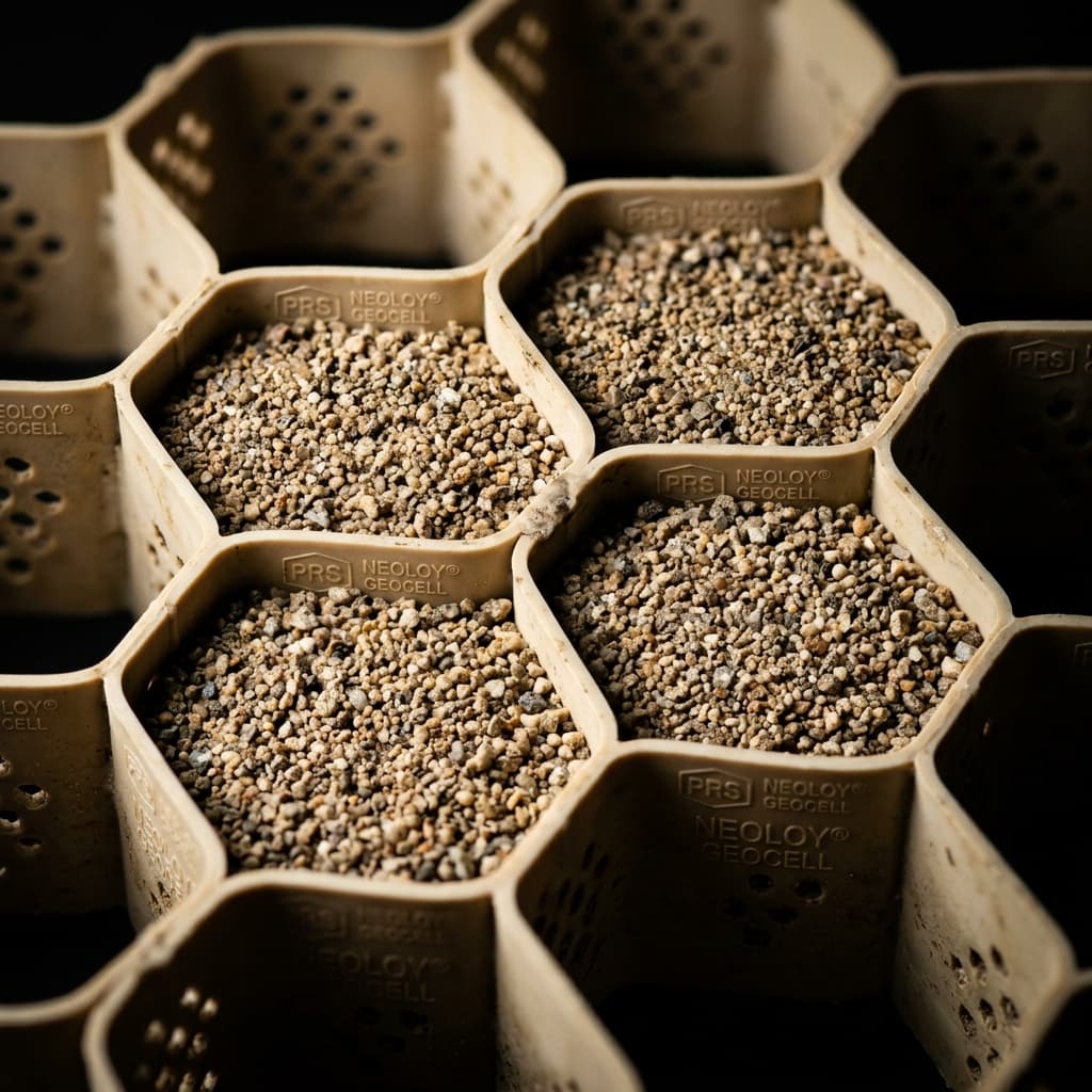 Close-up of PRS Neoloy geocell honeycomb polymer structure